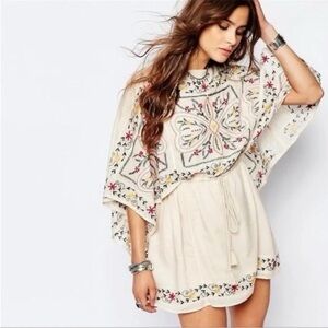 Free People Frida Embroidered Boho Mini Dress Cream XS Festival Peasant